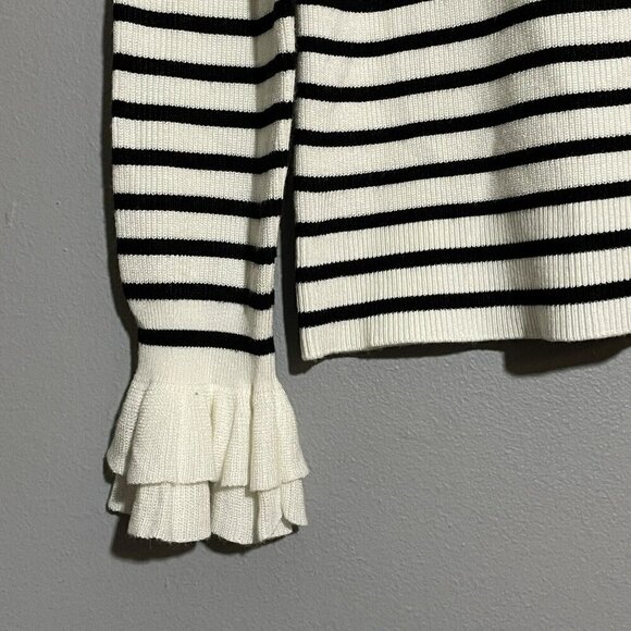 WHBM Sweater White House Black Market Women Size MP Stripe Ruffle Silver Button - Picture 12 of 12